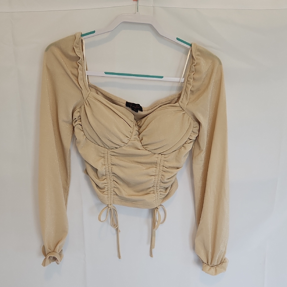 Chic Beige Glitter Ruched Crop Top